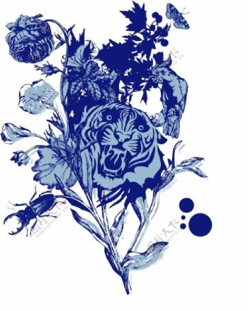印花矢量图优雅植物玫瑰花色彩浅蓝色免费素材