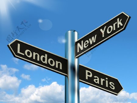 伦敦巴黎纽约路标显示旅游目的地
