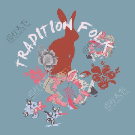 印花矢量图T恤图案图文结合动物图案兔子免费素材