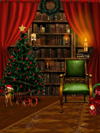 圣诞节书房布置手绘背景