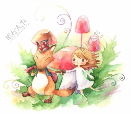 松鼠蘑菇和小女孩