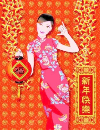 中国漂亮的红色裙子的祝福新年矢量
