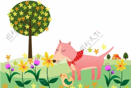 野外嗅花的宠物狗插画图片
