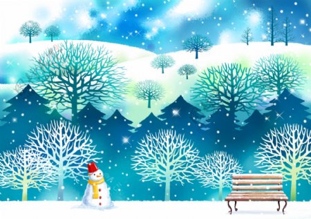 冬天下雪风景插画图片