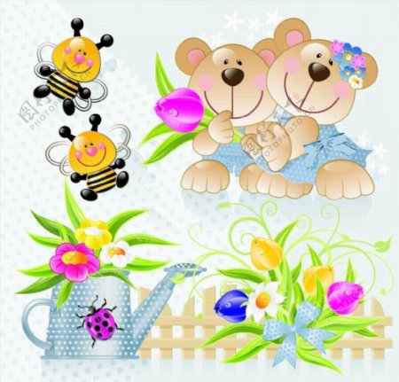 蜜蜂小熊鲜花背景图片