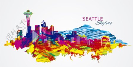 西雅图彩色手绘城市素材图片