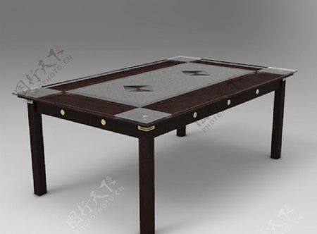 木头框玻璃面金属钉长形方桌3D图片