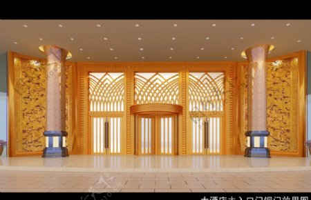 金色酒店入口铜大门效果图图片
