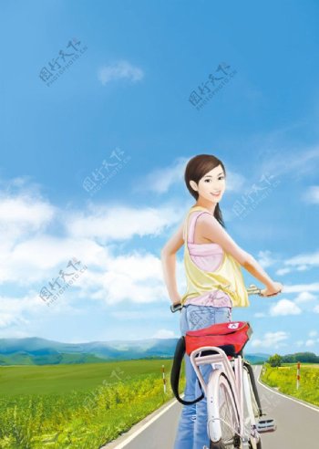 自行车少女图片