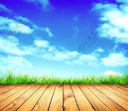 蓝天白云草原地板图片