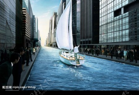 城市中的帆船图片