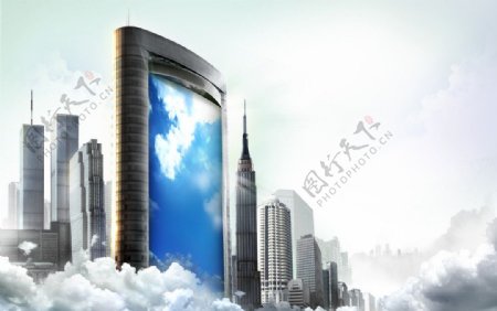 3d天空云中城市图片