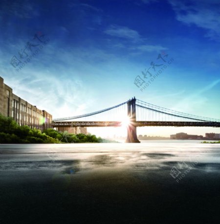 桥梁日出风景图图片