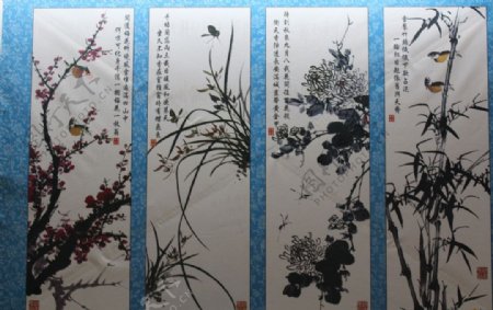 中国国画梅花与竹叶图片