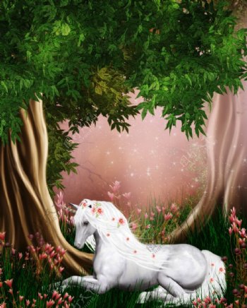 童话世界大树白马花朵图片