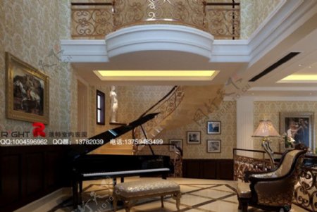 欧式别墅楼梯休闲区钢琴3dsmax2009室内模型vray带全部贴图图片
