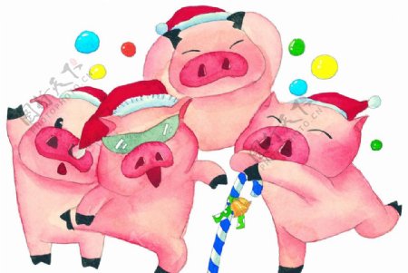 手绘水彩小猪快乐的圣诞节图片