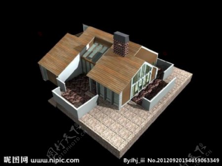 乡土风格带院落的别墅模型图片