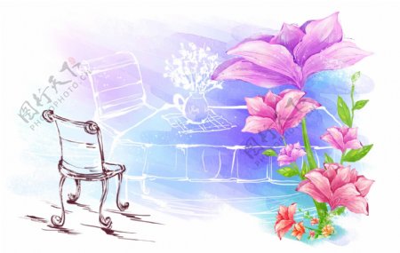 餐桌椅子花朵手绘插画图片
