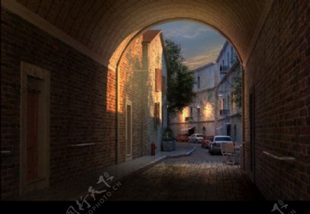 夜幕中的欧式小巷3D模型图片