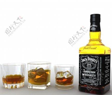 JackDaniel洋酒和酒杯冰块3D素材图片