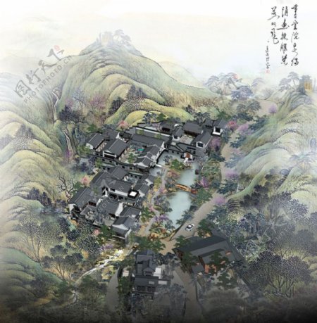 中式别墅合成图图片