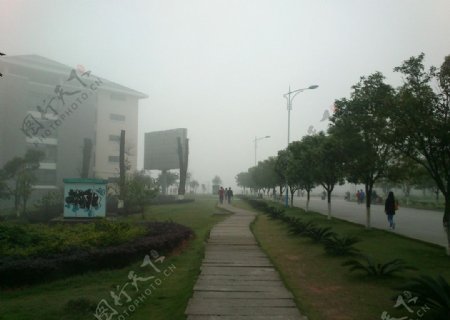晨雾中的校园图片