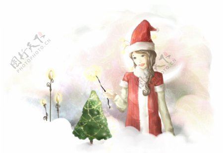 手绘水彩戴圣诞帽的女孩插画图片
