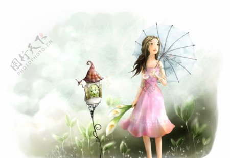 手绘水彩撑伞的女孩插画图片
