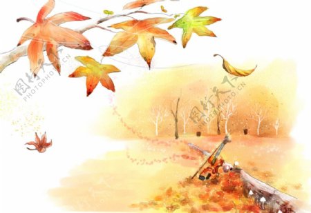 手绘水彩秋季自然风景插画图片