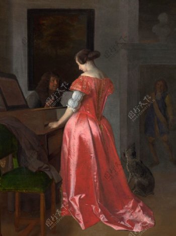 油画弹琴的红衣妇女图片