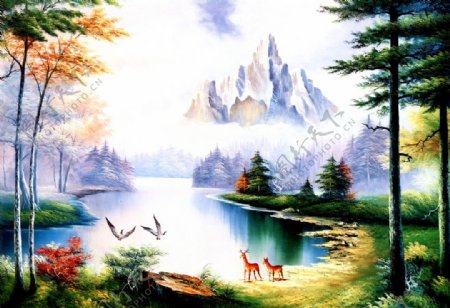 高山树木风景油画图片