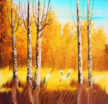 秋景树木油画图片