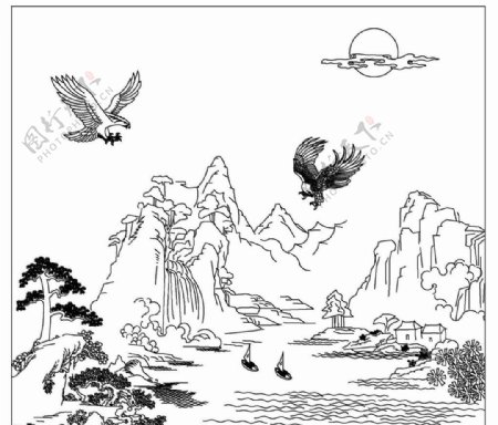 双鹰飞舞线描图图片