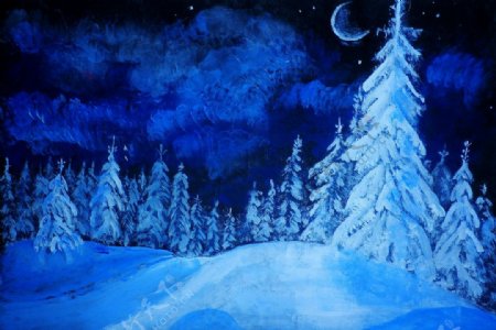 油画雪夜图片