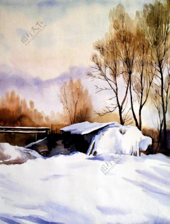铺满白雪的木屋图片