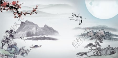月圆日山水渔翁水墨画图片
