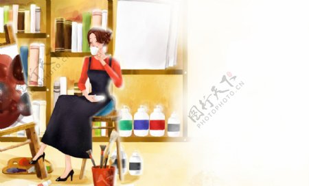手绘喝咖啡的女孩画家插画图片