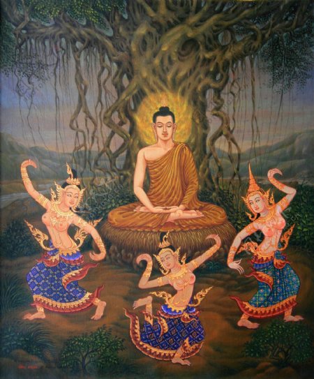高清泰国宗教艺术画无花果树下的佛祖图片