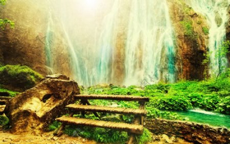 美丽的瀑布山水风景影楼背景图片