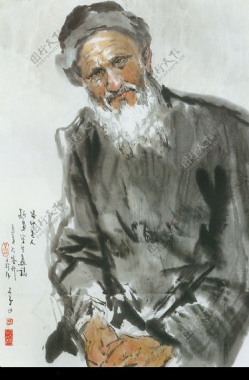 国画人物喀什老人图片