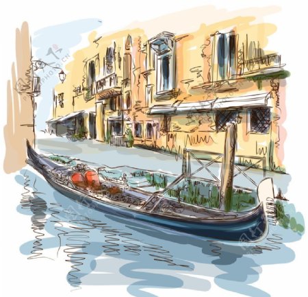 手绘城市水城威尼斯图片