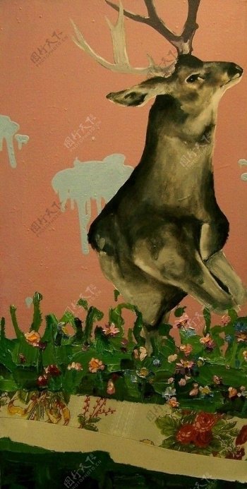 抽象油画鹿和花卉品味图片