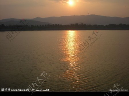 马儿拍摄的江边落日图片