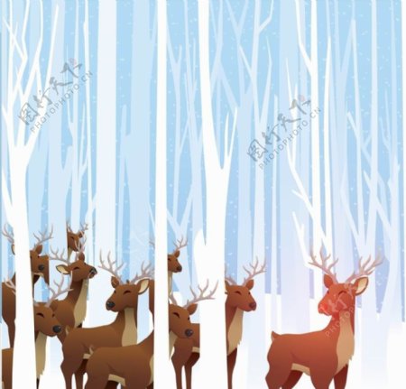 卡通树林小鹿冬季背景图片