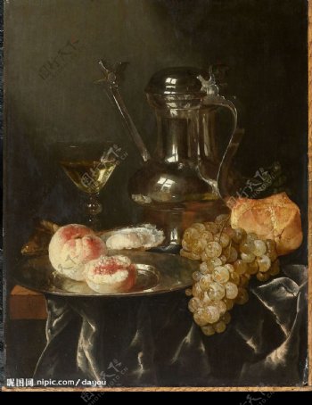 油画葡萄和桃子及美酒图片