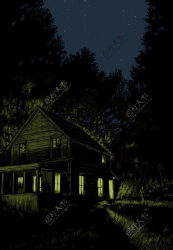 夜晚寂静的小木屋图片