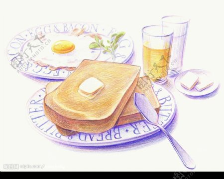铅笔淡彩早餐美食图片