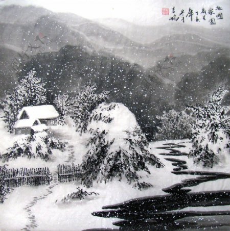 国画冬雪图片