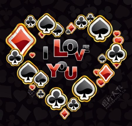爱心扑克花纹底纹金色边框图片